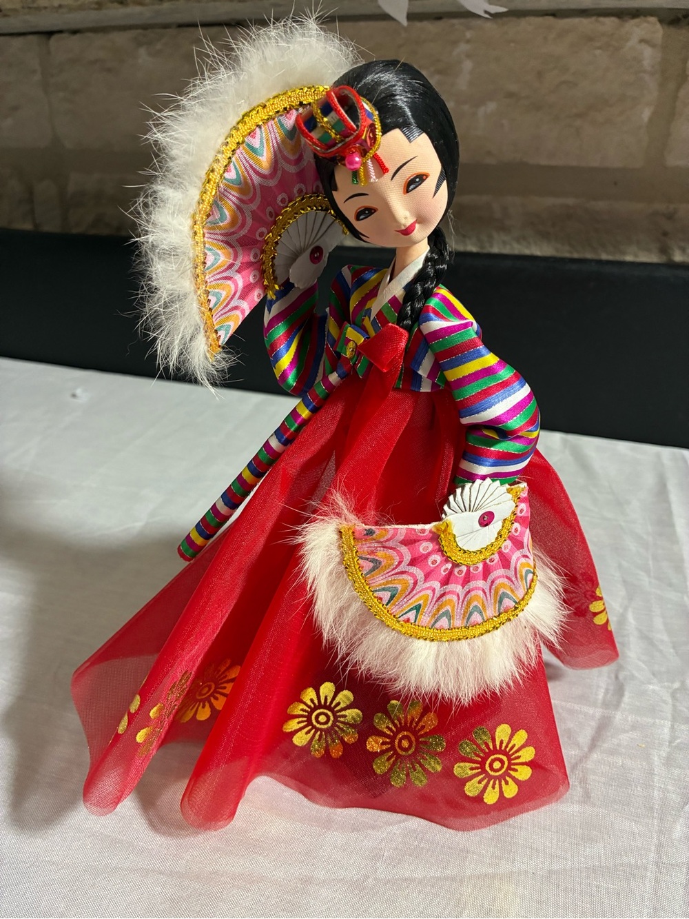 VTG Red Traditional Korean Doll in Colorful Hanbok - Decorative Display